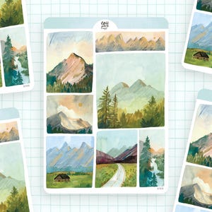 Sticker berglandschappen | papieren stickervel, schattige stickers, plannerstickers, bulletjournalstickers, stickervel berg