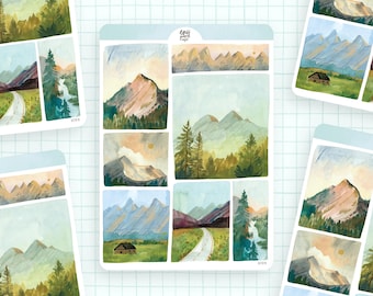 Sticker Mountain Landscapes | paper sticker sheet, cute stickers, planner stickers, bullet journal stickers, mountain sticker sheet
