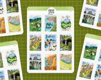 Sticker Sheet Travel Stamps | paper sticker sheet, cute stickers, planner stickers, bullet journal stickers, borderless stickers