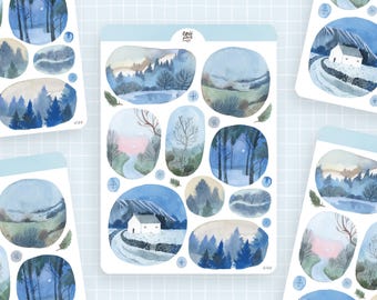 Sticker Windows Into Winter | paper sticker sheet, cute stickers, planner stickers, bullet journal stickers, winter sticker sheet