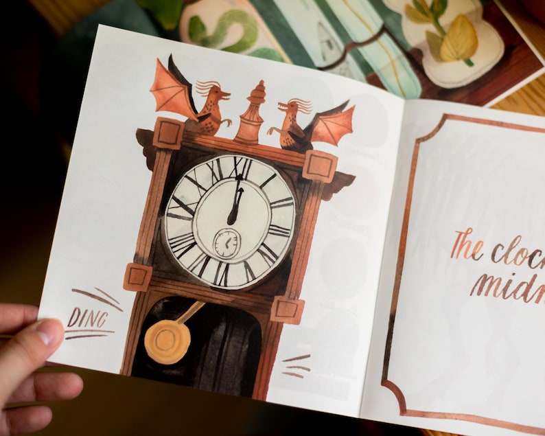 May include: A vintage-style clock with a wooden frame and a white face. Two red dragons with gold accents are perched on top of the clock. The clock face reads "The clock strikes midnight".