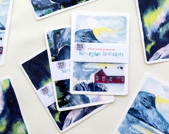 Ansichtkaartenset Noorse postkaarten | A6, minikunstprint, postkaarten, reispostkaart, postzegel, landschapskunst, winter Noorwegen