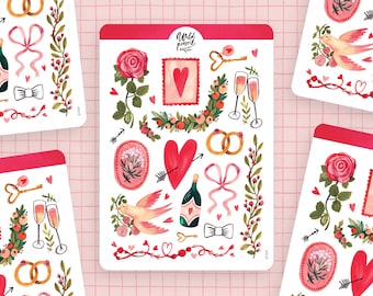 Cartela de Adesivos Amor | cartela de adesivos de papel, adesivos fofos, adesivos para planner, adesivos para bullet journal, adesivos românticos, Dia dos Namorados