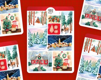 Sticker Sheet Christmas Landscapes | paper sticker sheet, cute stickers, planner stickers, bullet journal stickers, christmas sticker sheet