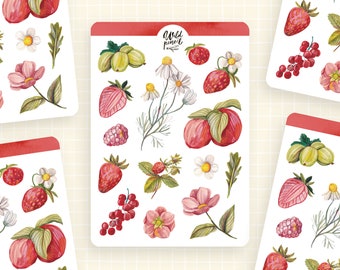 Pode incluir: Uma folha de adesivos com ilustrações em aquarela de várias frutas e flores. Os adesivos incluem morangos, framboesas, groselhas, maçãs e flores em tons de rosa, vermelho e verde. A folha é etiquetada como "Wild Pencil".