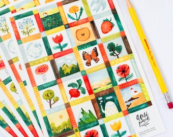 Vinyl Sticker Meadow Mosaic | paper sticker sheet, cute stickers, planner stickers, bullet journal stickers, mail sticker sheet, vintage