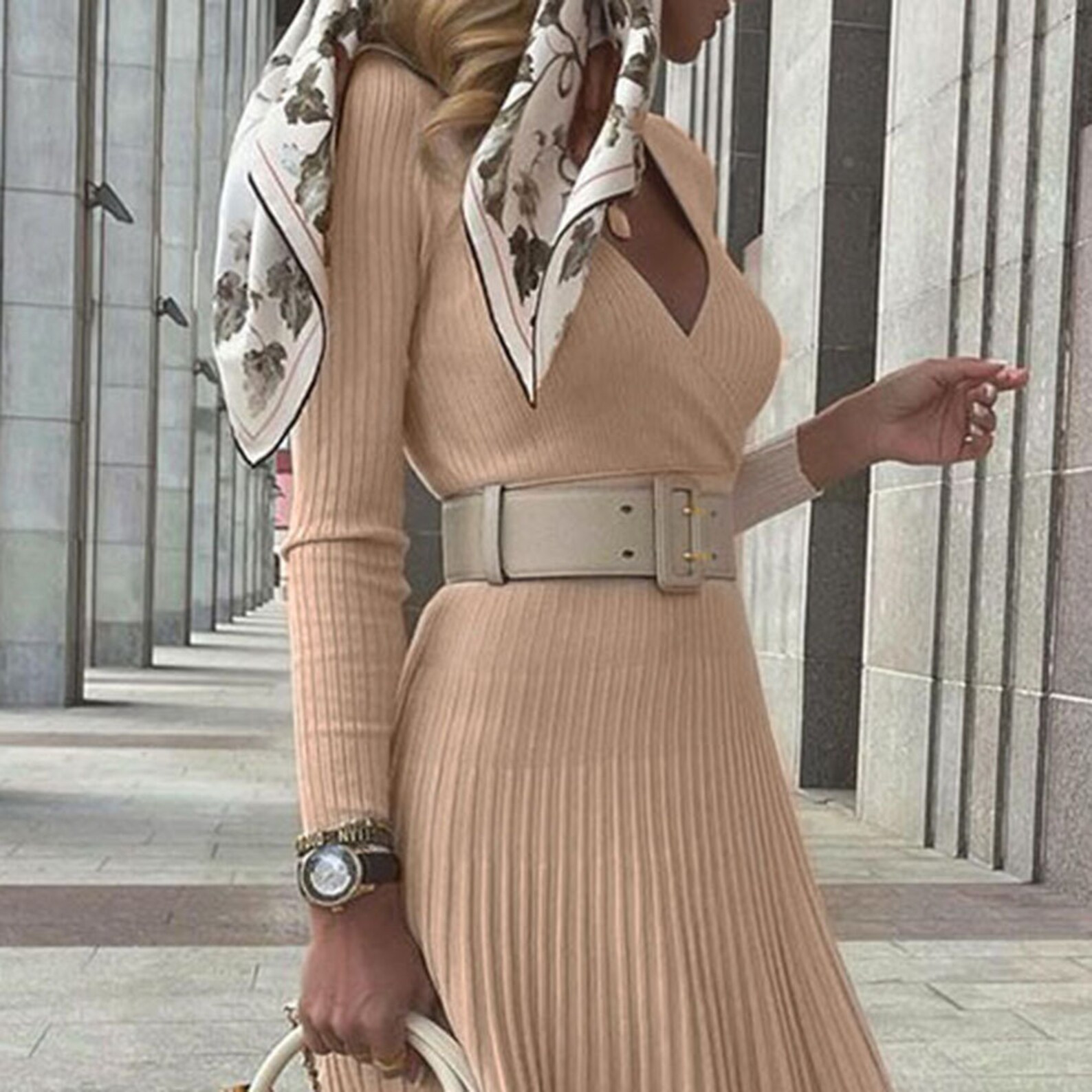 Belted Slim V Neck Knitted Pleated Dress Etsy