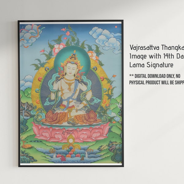 Vajrasattva Thangka Image with 14th Dalai Lama signature on the lotus Digital Print, Dalai Lama 14 Blessing Signature, Buddha Image Tibetan