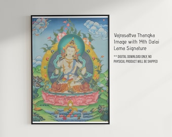 Vajrasattva Thangka Image with 14th Dalai Lama signature on the lotus Digital Print, Dalai Lama 14 Blessing Signature, Buddha Image Tibetan