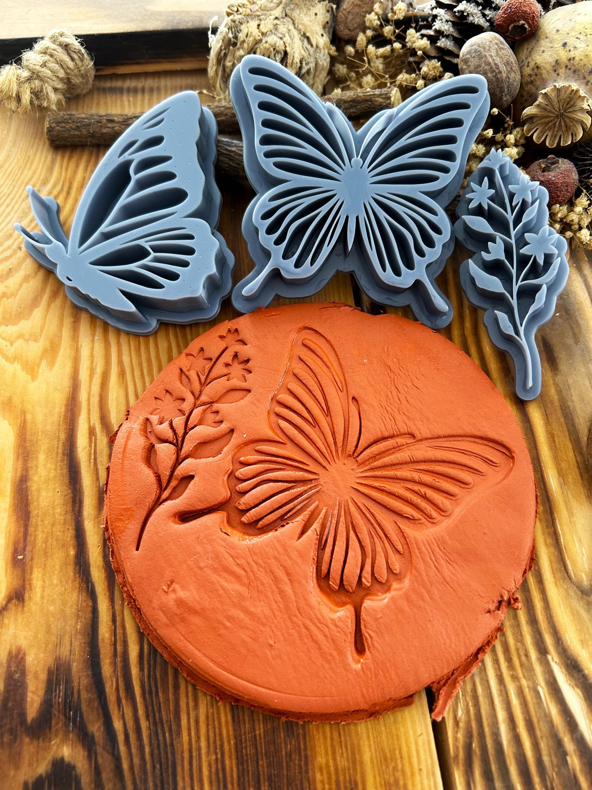 Butterfly & Wildflower Clay Stamp Set - Botanical Texture Stamps (3 ...