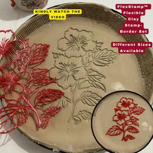 May include: A beige clay stamp with a floral design, featuring a large flower and leaves. A red floral stencil and a smaller stamped image are also visible. Text on the image reads "FlexStamp Flexible Clay Stamp-Border Set" and "Different Sizes Available."