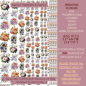 Puede incluir: Hoja de papel de transferencia de agua con un diseño floral que presenta 350 flores en miniatura de varios colores y tamaños. La hoja mide 33 cm x 48 cm y es adecuada para usar en arcilla polimérica, cerámica, madera, vidrio, velas y decoración del hogar.