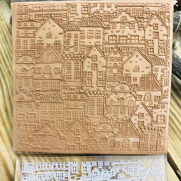 Feuille de texture acrylique motif maisons, taille 10*10 cm, tampon de gaufrage en pâte polymère, plaque texturée, carreau, fimo, sculpey, cernit