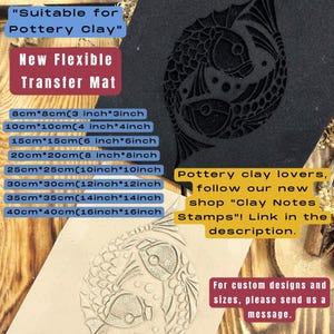 May include: A black flexible transfer mat with a fish design and a beige mat with an owl design. Text includes size options from 3x3 inches to 16x16 inches, and the phrases "Suitable for Pottery Clay" and "New Flexible Transfer Mat."