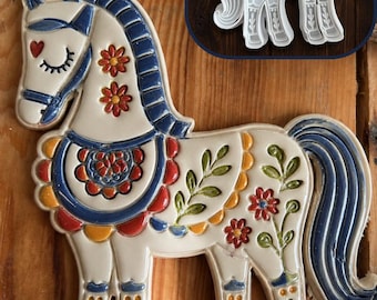 Folk Art Horse Clay Stamp & Cutter, Botanical Ceramic Tool, Pottery Embossing Stamp