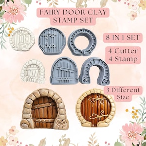 May include: A fairy door clay stamp set with 8 pieces, including 4 cutters and 4 stamps in 3 different sizes. The set includes various door designs, with some in gray plastic and others in finished wood and stone.