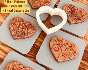 5 Heart Patterned Rubber Texture Mat And One Heart Cutter in One, Polymer Clay, Ceramic Dough, Metal Clay, Stone Clay And Soap Making