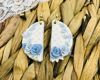 Floral embroidered polymer clay earrings on white background, 925 Sterling Plant Earring for women, Cute Minimal Earring