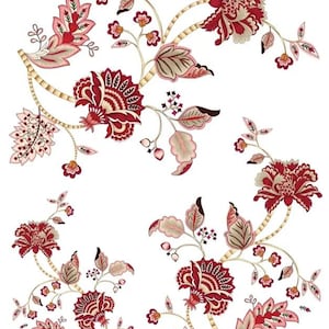 Può includere: Un disegno floreale con fiori e foglie rossi e rosa su uno sfondo bianco. Il disegno è intricato e dettagliato, in stile tradizionale.