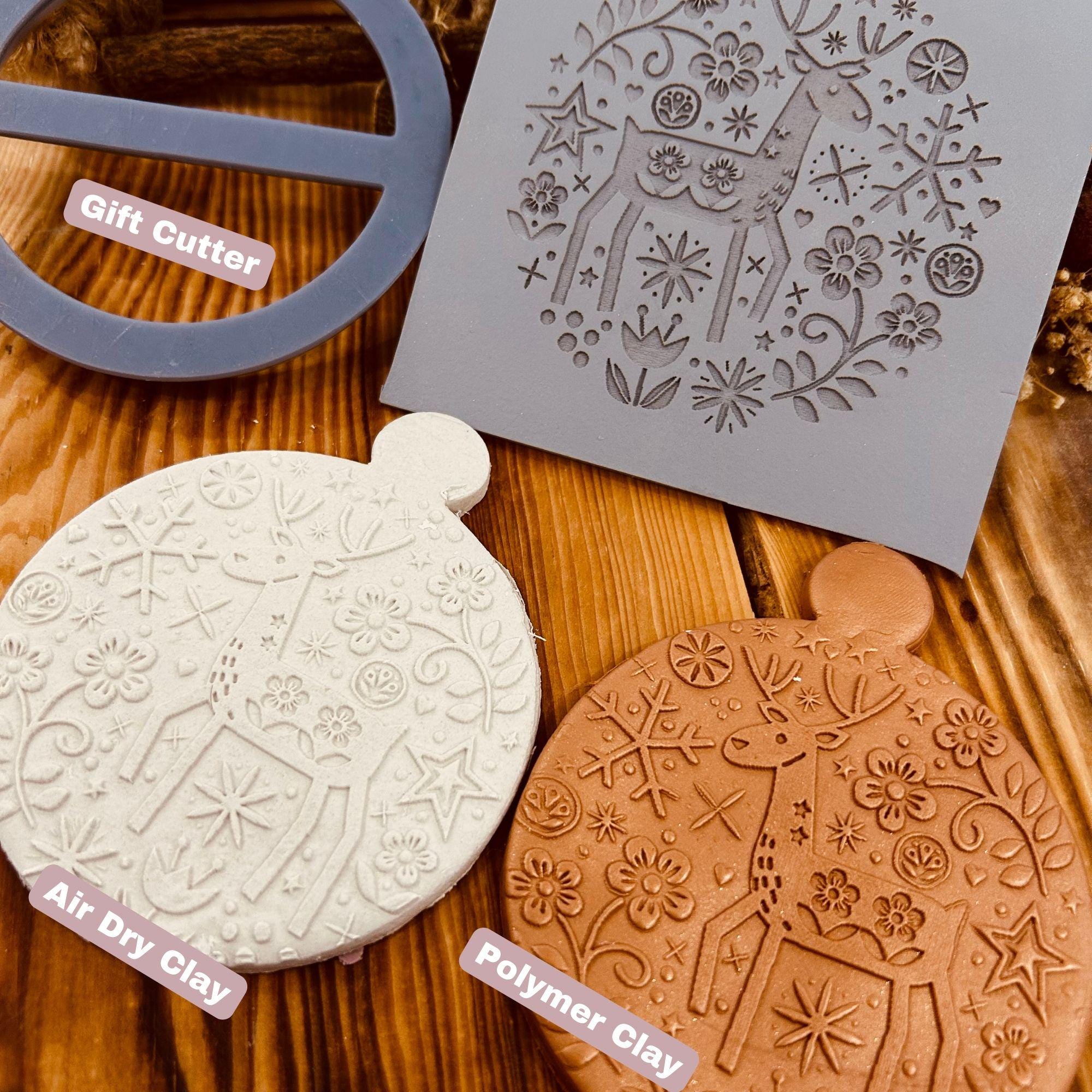Nordic Deer Rubber Texture Mat: Floral Clay Stamp, Free Cutter (10x10 cm)