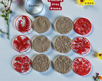 Flexstamp™ Coaster Set – 6 Flexible Clay Stamps + Cutter | Deep Texture Botanical Patterns