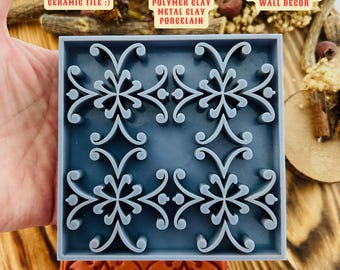 Floral Ceramic Tile Stamp: Polymer Clay Texture Tool (10x10cm)