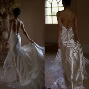 MOON DANCE / Custom Made，Boho Long Fringed Silk Dress with Backless，High Quality Japanese Soft Moonlight Silk Satin, Beach Wedding,