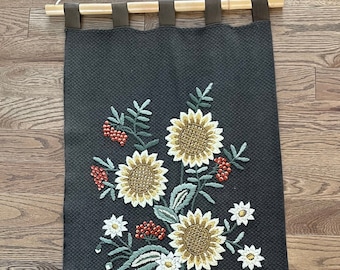 Vintage Crewel Embroidery Wall Hangings, Sunflowers, Red Berries and Green Leaves, Large Size 39” by 21”