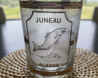 Vintage Culver Juneau Alaska Whiskey Low Ball Glass, Culver Souvenir Frosted with Gold Trim Tumbler with Totem Poles and Salmon