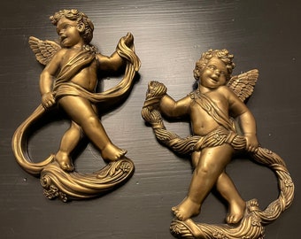 Vintage Chalkware Cherubs Cupid Angel Wall Hanging, Wall Art by Tuscanart, 12" Wall Hanging Pair