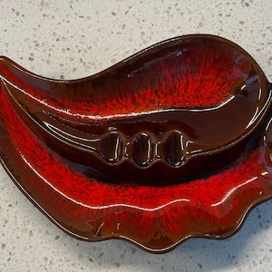 Vintage McMaster Pottery Ashtray: Red Drip Glaze Leaf-Shaped Ceramic, Mid-Century