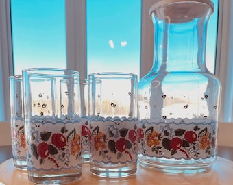 Vintage Libbey St. Clair Karaffe & Becher-Set: 1980s Florale Häkelarbeit aus Glas
