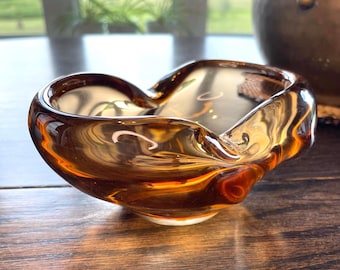 Vintage Amber Blown Glass Bowl – Organic Art Glass Dish – Mid Century Decor
