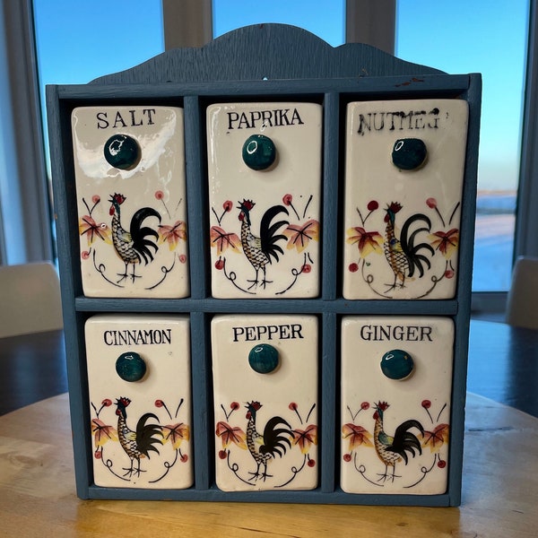 1950's Ceramic Spice Shaker Containers with RARE Rooster Design, Vintage Wooden Spice Rack and 6 Original Cork Stoppers