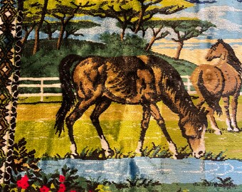 Vintage Velvet Tapestry of a Horse and Landscape, Home Decor Wall Hanging or Rug, Luxurious Vintage Italian Velvet, Gift for Horse Lover