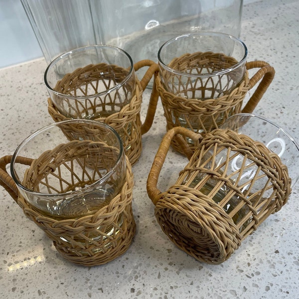 Vintage Rattan Libbey Glasses with Holders and Handles, Boho Tiki Boho Gift, Patio Drinkware Summer Entertaining