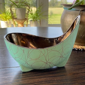 Vintage Shawnee Pottery Bowl: Turquoise Green Copper Swirl, MCM Decor