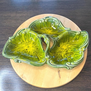 Vintage California Pottery Divided Serving Dish – CAL. ORIG. 992 – Bright Green & Yellow Mid-Century Ceramic Tray 3-Section Dish with Handle