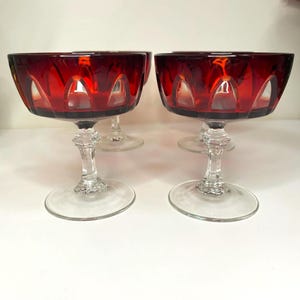 Vintage ‘Cristal d&#39;Arques’ Ruby Red Cut to Clear Champagne Glasses – Set of 4 Gothic Crystal Coupes, Made in France