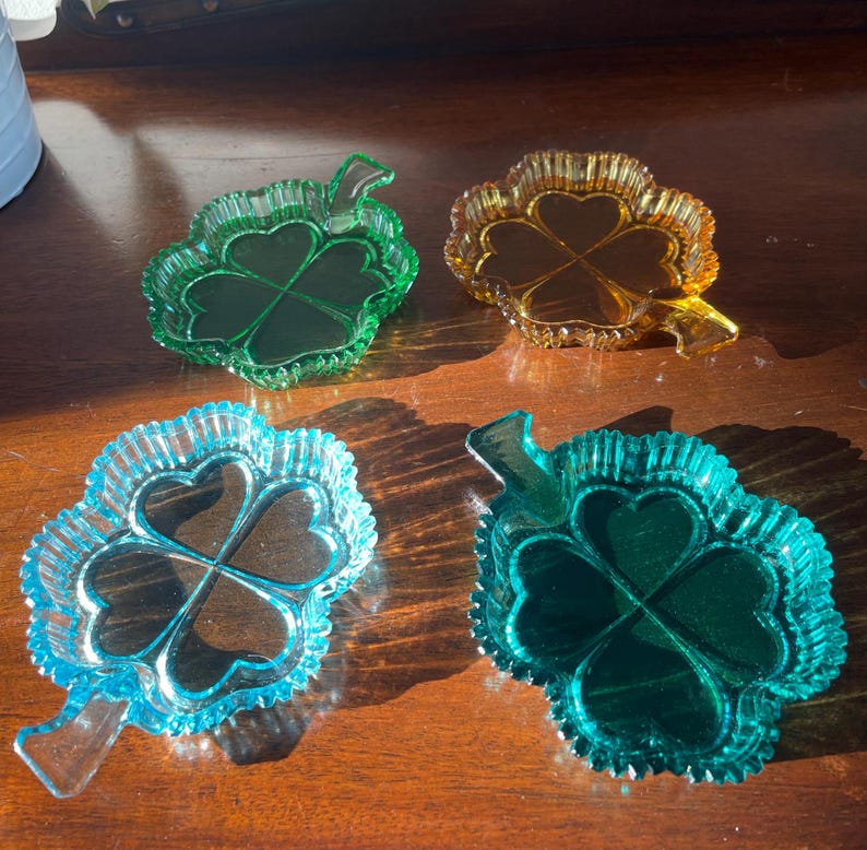 Vintage Four Leaf Clover Shamrock Glass Dishes – Multi-Coloured Candy Dish, St. Patrick's Decor, Serving Dishes – Set of 4