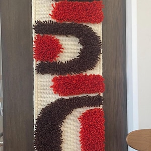 Vintage MCM Latch Hook Wall Hanging: Abstract Fiber Art Decor