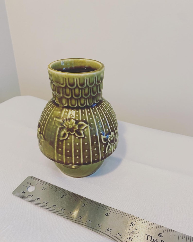 Mid Century Olive Green Ceramic Bud Vase With Intricate Dots Etsy