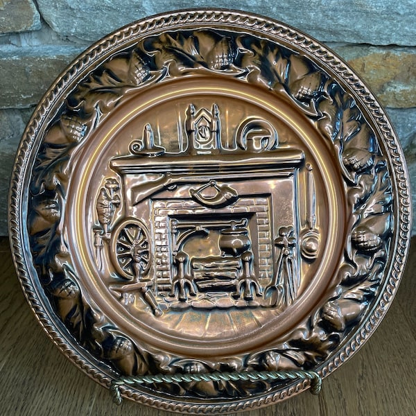 Vintage Coppercraft Guild Wall Plate, Fireplace and Spinning Wheel, Copper Plate is 10 1/2" Diameter, Original Sticker