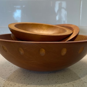 Vintage Baribocraft Solid Maple Wood Salad Bowl Set – Large Serving Bowl & 4 Individual Bowls, Made in Canada