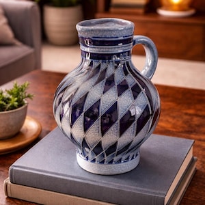 Jarra de vino antigua de Reinhold Merkelbach: Gres alemán azul cobalto, estilo Art Nouveau, 15 cm de altura.