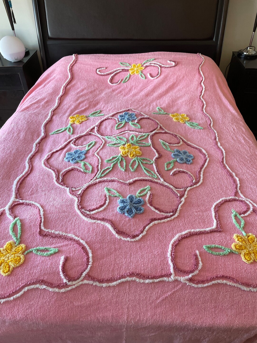 Vintage Chenille Bedspread Pink and Floral Tufted Circa 1950s, Ideal