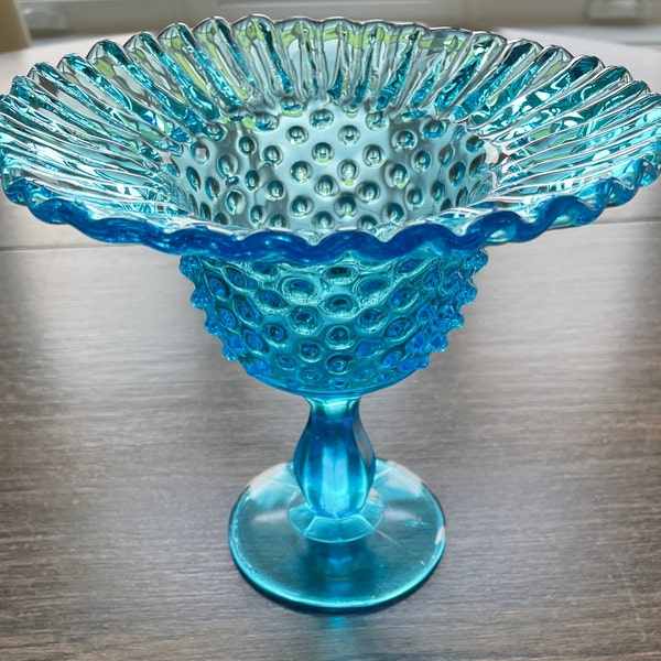 Fenton Aqua Blue Hobnail Ruffled / Wave Rim Pedestal Candy / Vase / Collectible Vintage Glassware