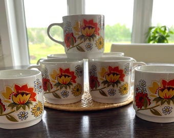 Vintage Johnson Brothers Pasadena Mugs - Retro Orange Citrus - Set of 6