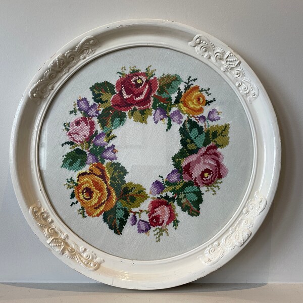 Vintage Cross Stitch Fabric Art Hand-Crafted Vibrant Florals Roses with Original Round Wood Frame with Scroll Detail, 16 1/2” diameter