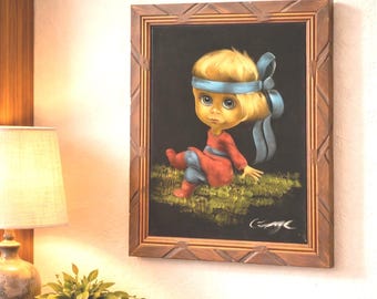 Vintage 1970s Velvet Art: Girl with Bandana, Original Wood Frame